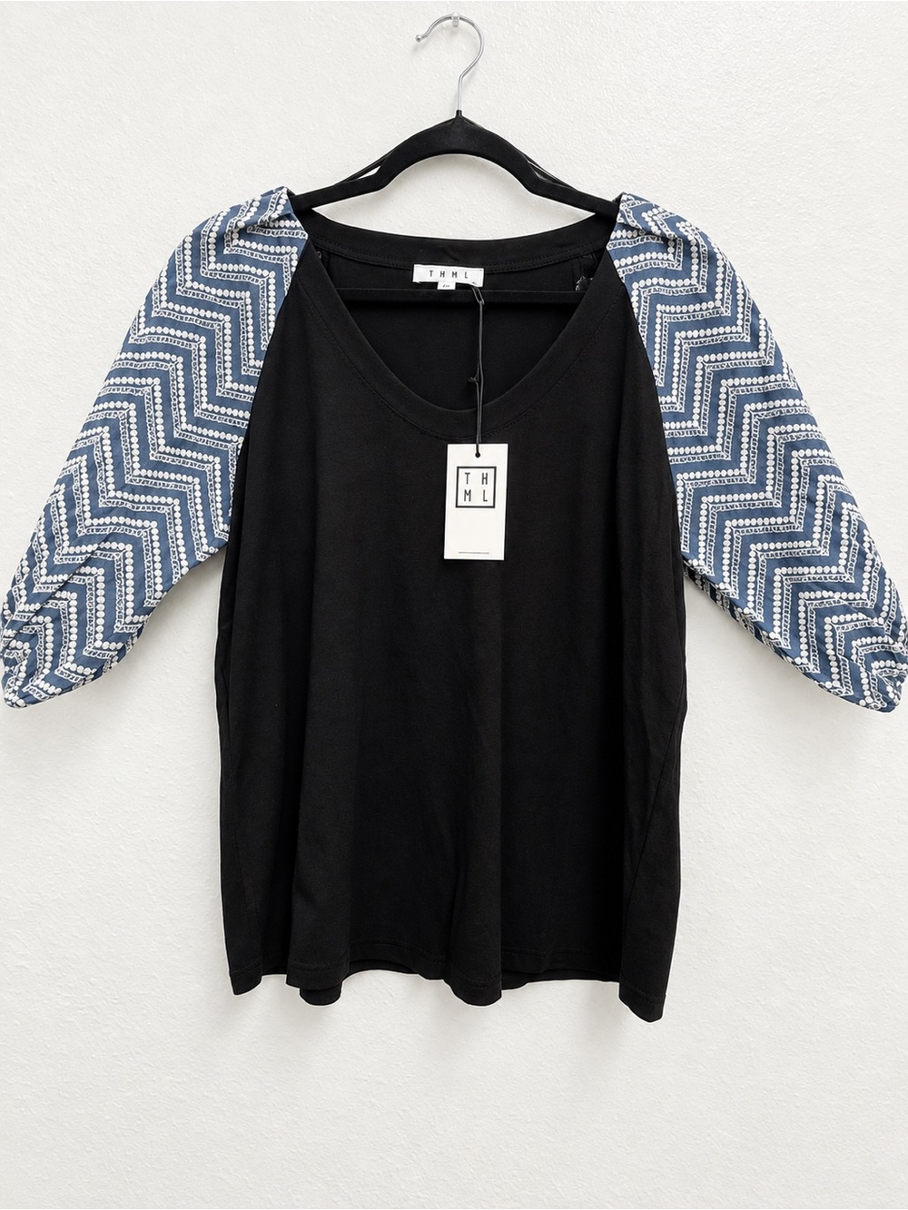 THML Black Scoop Neck Top with Blue Chevron Puff Sleeves